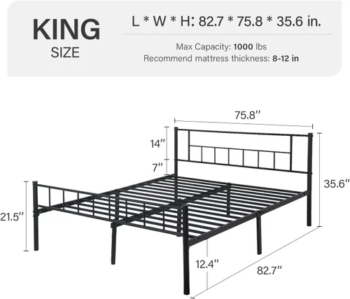 Miniatura 2 de Base de cama King de 12 pulgadas con cabecero, marco de cama de metal resistente con almacenamiento, base de cama de colchón no necesita somier