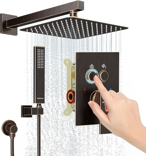 Miniatura 18 de Juegos de sistema de grifería de ducha negros: EMBATHER Juego combinado de ducha con cabezal de lluvia superior de 10 pulgadas con ducha de mano