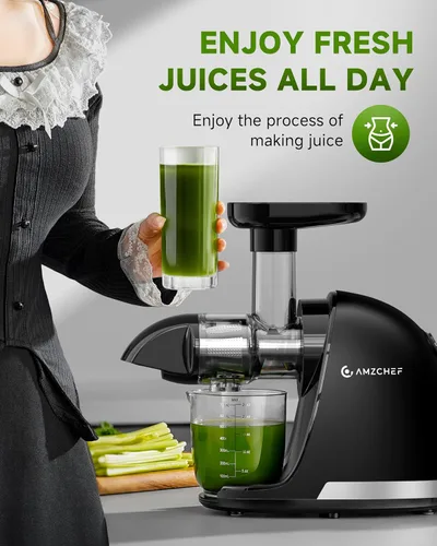 Miniatura 8 de Máquinas exprimidoras - AMZCHEF Exprimidor de jugo de prensa en frío con masticación para frutas y verduras enteras - Masticación delicada sin Ébano