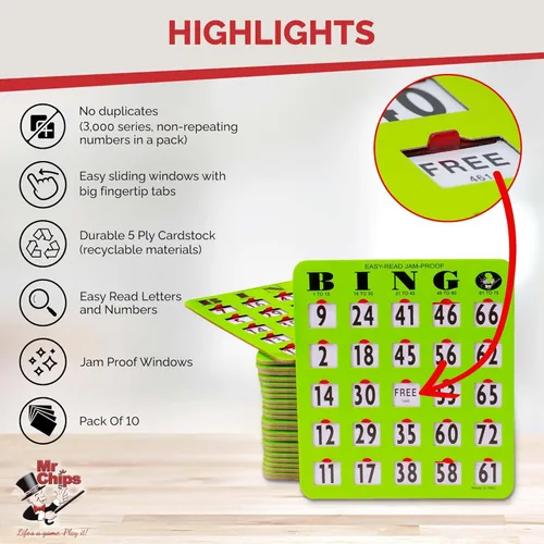 Miniatura 3 de MR CHIPS Tarjetas de bingo con punta de dedo de impresión grande a prueba de atascos y fáciles de leer con ventanas deslizantes, paquete de 10