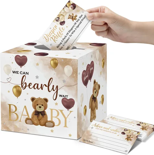 Miniatura 8 de skuhyyg 50 boletos para rifas de pañales con caja de juego para baby shower, oso azul, oso rosa, letrero de sorteo de pañales, con texto en inglés