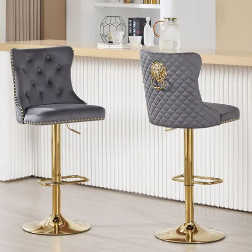 Miniatura 19 de Taburetes de bar negros juego de 2 sillas de cocina giratorias de terciopelo con respaldo alto acolchado, taburetes dorados modernos tapizados