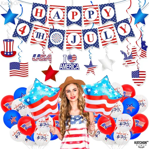 Miniatura 7 de KatchOn, Juego de pancartas con texto en inglés «Happy 4th of July», enormes, paquete de 37, globos del 4 de julio para decoraciones del 4 de julio