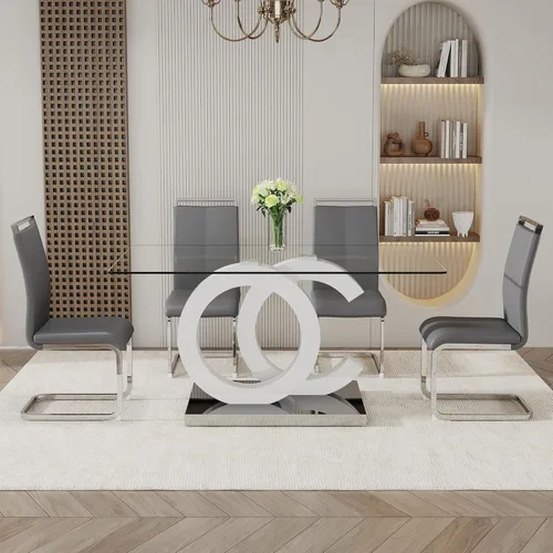 Miniatura 17 de Juego de mesa de comedor Ebullient para 6, juego de mesa de comedor de 7 piezas, tapa de mesa de cristal templado, mesa moderna de comedor con 6