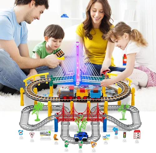 Miniatura 5 de Juego de tren eléctrico para niños de 4 a 8 años con juego de pistas de tren y pistas de automóvil, puente iluminado, señal de tráfico, sonido