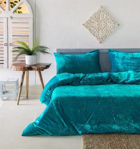 Funda de edredón de terciopelo sólido ultra-luxe, ropa de cama boho UO, funda de colcha Donna, juego de edredón de 3 piezas, juego de cama de Azul