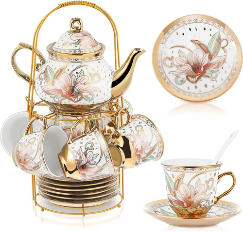 Miniatura 19 de Zhehao Juego de té de porcelana de 20 piezas con soporte de metal y cuchara para adultos, juego de té de cerámica para adultos, pintura de flores