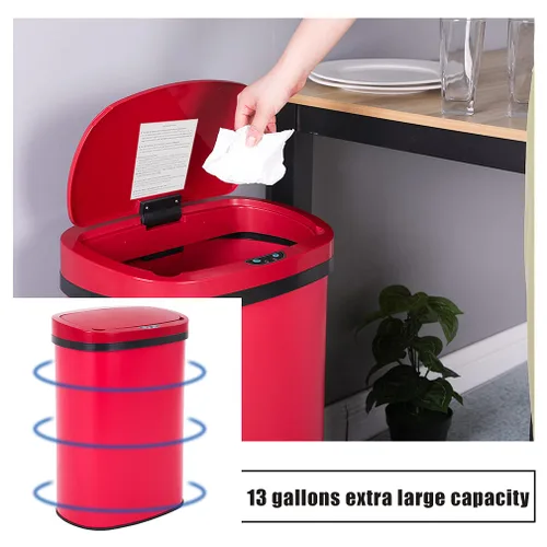 Miniatura 6 de Cubo de basura para cocina de 13 galones (50 litros) con tapa, sensor automático, sin tocar, acero inoxidable, para baño, dormitorio, oficina en Rojo