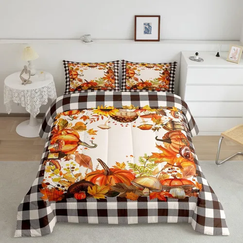Miniatura 13 de Erosebridal Juego de edredón de gatos lindos para niños, juego de ropa de cama de calabaza y hoja de arce para niñas y niños, juego de edredón