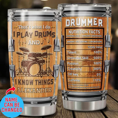 Miniatura 2 de WAZONE Vaso de acero inoxidable personalizado con datos nutricionales de baterista, 20 onzas, 30 onzas, nombre personalizado, con texto "I Play