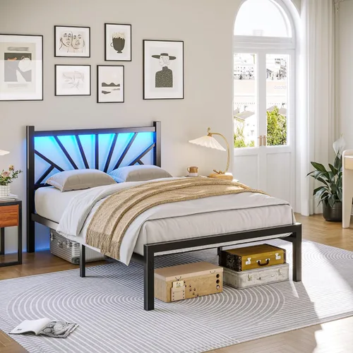 Miniatura 25 de Homkdom Marco de cama de plataforma de metal tamaño Queen de 14 pulgadas con cabecero, marco de cama victoriano Queen con almacenamiento debajo