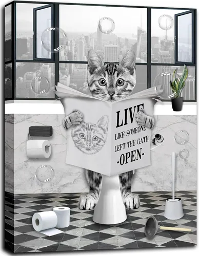 PIMULSAA Póster de periódico divertido de lectura de gato sentado en el inodoro, arte de pared para inodoro y baño (enmarcado, 12 x 16 pulgadas)