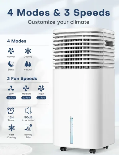 Miniatura 4 de Aire acondicionado portátil 4 en 1, enfriador de aire evaporativo con 4 modos y 3 velocidades, temporizador de 15 horas para apagado automático