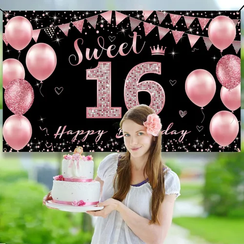 Miniatura 3 de Vicycaty Decoraciones de cumpleaños de 16 años – Cartel de fondo, decoración de fiesta de feliz 16 para niñas, cartel de 16 yardas de oro rosa