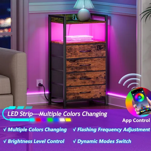 Miniatura 5 de Furnulem Mesita de noche con estación de carga y luz LED, cómoda de 4 cajones para dormitorio, mesita de noche pequeña mesa de cabecera, cubos