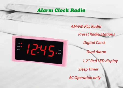 Miniatura 2 de HANNLOMAX Radio despertador HX-151CR, radio PLL AM/FM, alarma dual, pantalla LED roja de 1.2 pulgadas, solo operación de CA. (rosa)