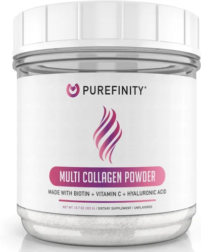 PUREFINITY Péptidos de colágeno para mujeres, tipo I, II, III, V y X con biotina y ácido hialurónico, apoya la piel, huesos, cabello y uñas