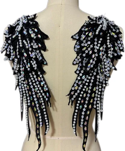Parches de lentejuelas de ángeles guardianes de alas con apliques de diamantes de imitación para ropa, chaquetas, jeans, vestido, decoración de Negro