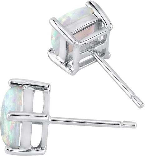 Miniatura 3 de Peora Aretes de ópalo de fuego blanco creado para mujer en oro blanco de 14 quilates, solitario clásico, corte cojín de 0.23 pulgadas, 1 quilate