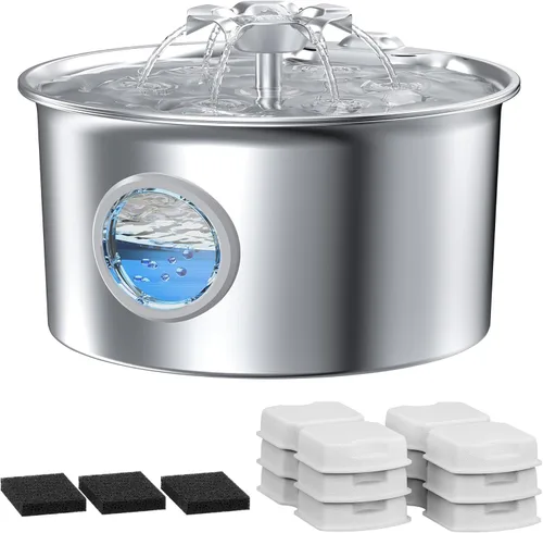 Miniatura 11 de Fuente de agua para gatos de acero inoxidable: fuente para mascotas ultra silenciosa de 88 oz/2.6 L con pico de gatito con flores y dispensador