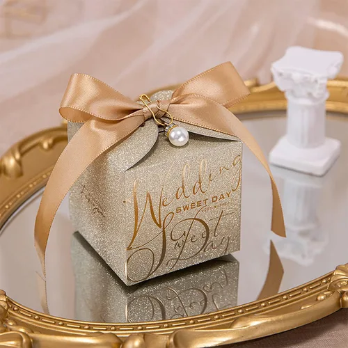 Miniatura 5 de STARSUP - 50 cajas de regalo de boda, caja de regalo de dulces dorados, caja de papel con cinta y pin de perlas para decoración de boda, regalo