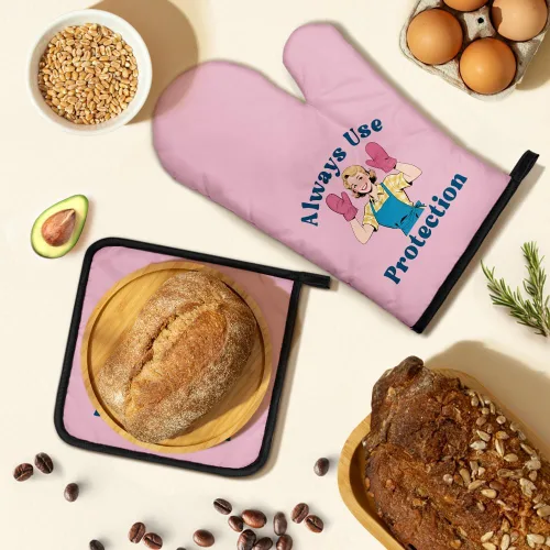 Miniatura 5 de Always Use Protection - Juego de guantes de horno y soportes para ollas, divertidos guantes de cocina retro para panaderos, regalos de inauguración