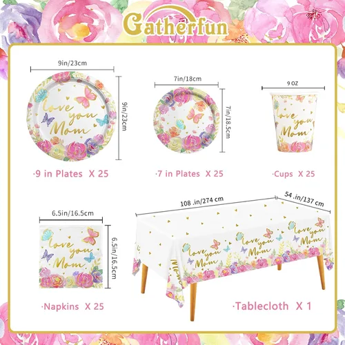 Miniatura 2 de Decoraciones de fiesta del Día de la Madre, Serve 25, Happy Mother Day Pack incluye: platos de papel para cena, platos de postre, servilletas