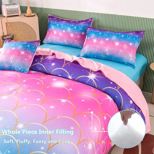 Miniatura 3 de PERFEMET Juego de edredón de sirena rosa, tamaño matrimonial, 6 piezas en una bolsa, juego de ropa de cama de arco iris colorido para adolescentes