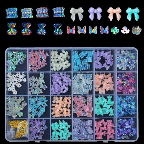 1 caja 3D lindo oso/pajaritas/mariposa resina decoración de uñas Aurora flores diseños holográficos adornos de uñas falda suministros de uñas para