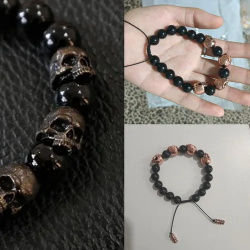 Miniatura 3 de Pulsera de cuentas de ónix del ejército de calavera, pulseras de ansiedad para hombre, pulsera ajustable de ónix de calavera para aliviar el estrés