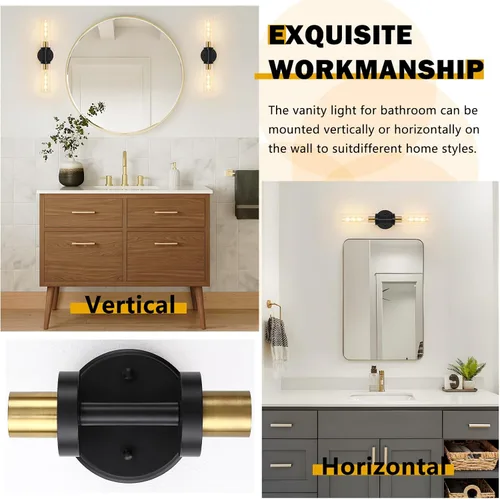 Miniatura 5 de Baocuz Lámparas de baño de 2 luces sobre espejo, luces de tocador negras y doradas para baño, apliques modernos con vidrio transparente para baño