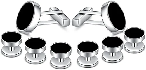 Miniatura 3 de MERIT OCEAN Juego de gemelos de ónix para hombre y tachuelas de plata y negro para hombres de esmoquin camisas de negocios regalo de boda
