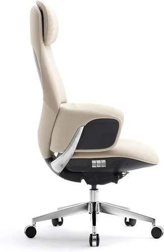 Miniatura 4 de Silla de oficina ejecutiva de cuero genuino con respaldo alto de aluminio con base giratoria ergonómica sincronizada, mecanismo reclinable de cuero