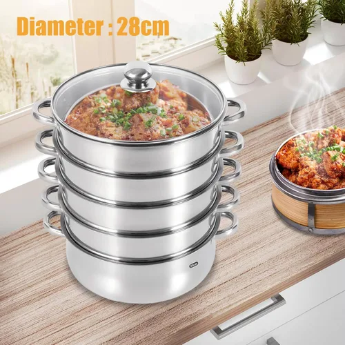 Miniatura 5 de Cocina de vapor de acero inoxidable de 5 capas, vaporizador de 11 pulgadas para cocinar alimentos, tapa de vidrio, adecuada para tamales, verduras