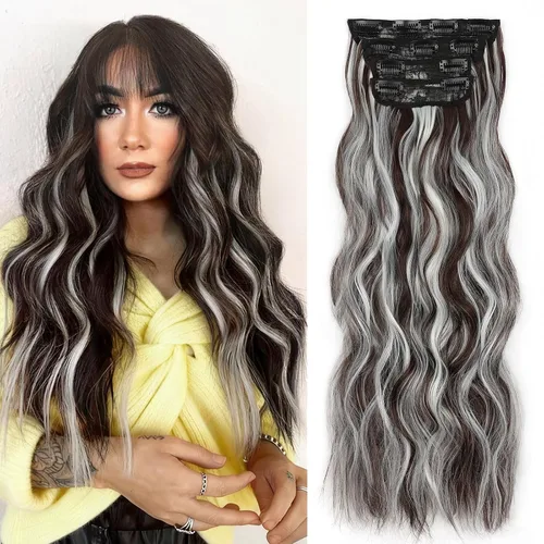 Miniatura 46 de ALXNAN Extensiones de cabello sintético largo y ondulado con clip, de 16 pulgadas, color negro natural, 4 piezas gruesas, fibra de doble trama