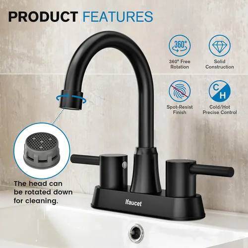 Miniatura 3 de Grifo de baño negro de 3 agujeros, grifos de baño para fregadero de 3 agujeros, grifo de lavabo de baño, juego central de 4 pulgadas y 2 asas, sin