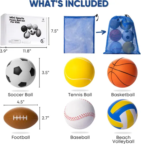 Miniatura 6 de Juego de 6 mini bolas deportivas de espuma para niños, juguetes de pelota para niños pequeños, fútbol de espuma, fútbol para bebés, mini baloncesto