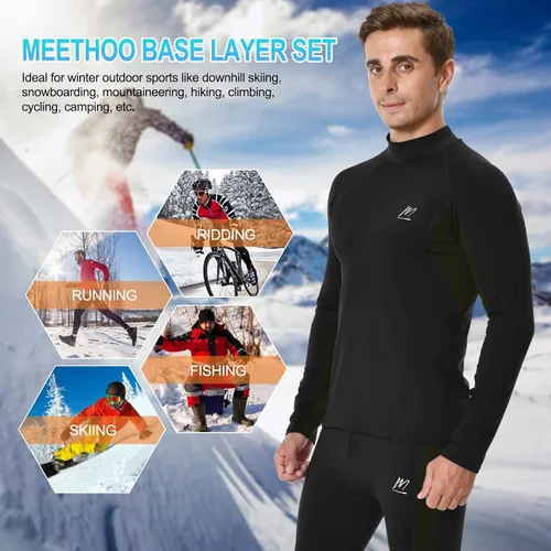 Miniatura 6 de Men's Fleece Lined Long Johns Base Layer Set Top Bottom for Ski Running Cold Weather