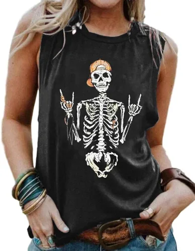 BRUBOBO Camisetas sin mangas divertidas con estampado de calavera para mujer, cuello alto, sin mangas, camisetas de entrenamiento