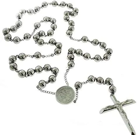 Rosario católico cuentas collar de oración acero inoxidable San Benito medalla de 28 pulgy 6 mm 24 pulg y 6 mm o 18 pulg y 4 mm