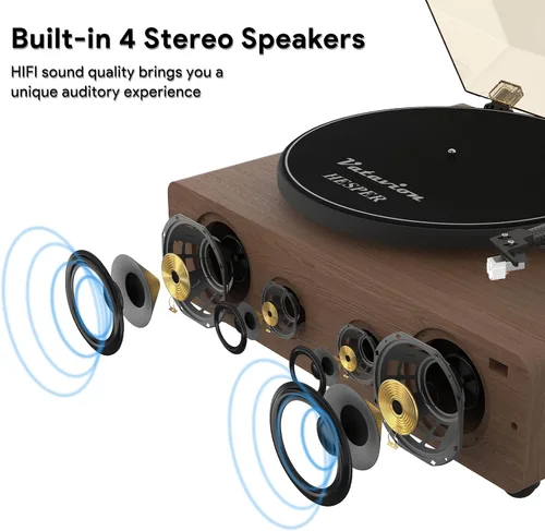 Miniatura 3 de Tocadiscos de vinilo Bluetooth con altavoces, 2 velocidades 33/45 RPM, cartucho magnético AT-3600L, luz ambiental LED, madera de nogal