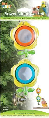 Penn-Plax Bird Life Espejo de dos flores con campana, juguete interactivo para pájaros con espejos florales giratorios y campana colgante, accesorio