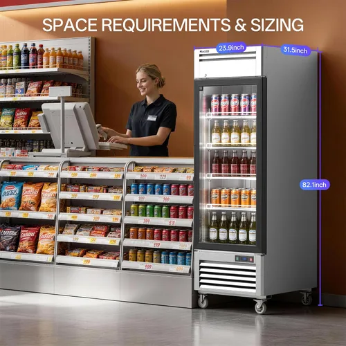 Miniatura 6 de Coolski Refrigerador comercial de puerta de vidrio de 1 puerta, comercializador de pantalla de acero inoxidable con luz LED para uso comercial