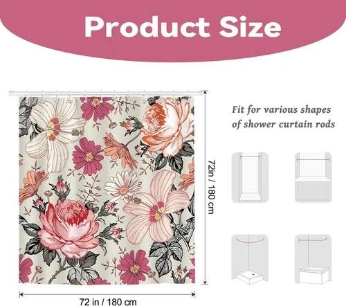 Miniatura 3 de Cortina de ducha floral rosa de 72 x 72 pulgadas, cortina de ducha retro de estilo rústico de mediados de siglo, para decoración de baño, tela