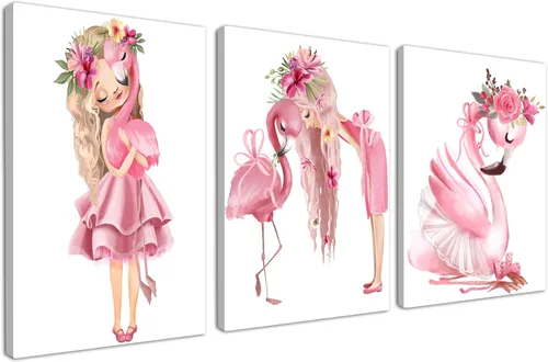 Miniatura 9 de Lienzo decorativo para pared de niña flamenco, cuadro rosa acuarela princesa floral decoración de animales para baby shower, baño, cuarto de bebé