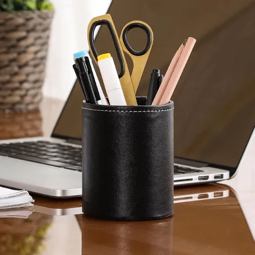 Miniatura 2 de Soporte para bolígrafo para escritorio, soportes de lápiz de cuero PU para cosméticos suministros de oficina, organizador de escritorio negro PH107