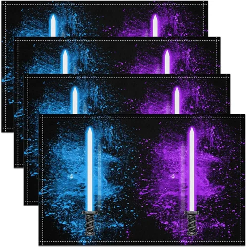 jejeloiu Juego de 4 manteles individuales con sable de luz abstracto, color morado y azul, para cocina, comedor, decoración de mesa de comedor
