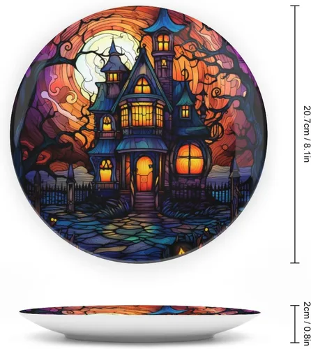 Miniatura 2 de Platos decorativos, diseño de casa embrujada de Halloween, plato de cerámica con soporte de exhibición, decoración para colgar en la pared