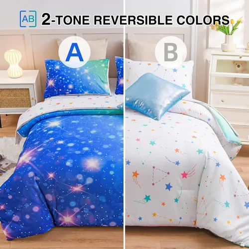 Miniatura 2 de A Nice Night Juego de ropa de cama de 6 piezas con purpurina degradada para niñas, juego de edredón colorido de galaxia arco iris, juegos de ropa