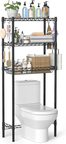 Hodonas Estante de almacenamiento sobre el inodoro, organizador de baño ajustable con soporte para papel higiénico y 8 ganchos, 3 niveles de metal